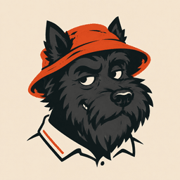 Baffy, a black Scottie in a bucket hat