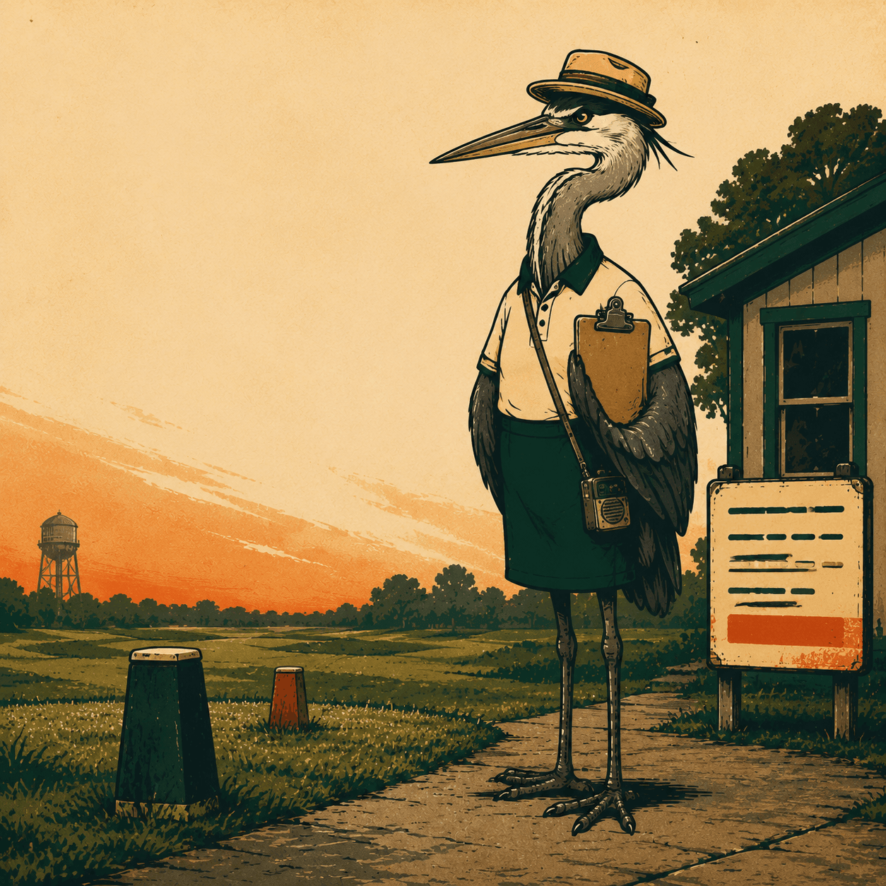 Doreen the heron running the first tee: clipboard, radio, no nonsense