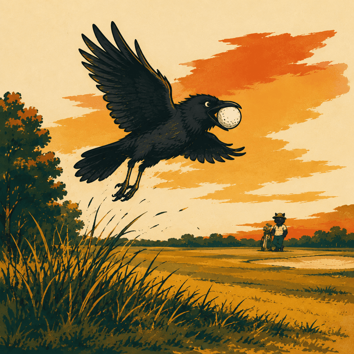 Gus the crow mid-flight with a golf ball in his beak