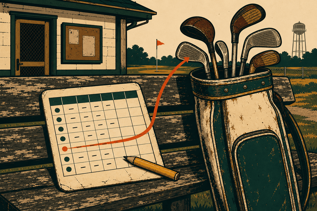 A muni scorecard and a golf bag on the same bench, a pencil line running from a par 3 on the card to a wedge in the bag