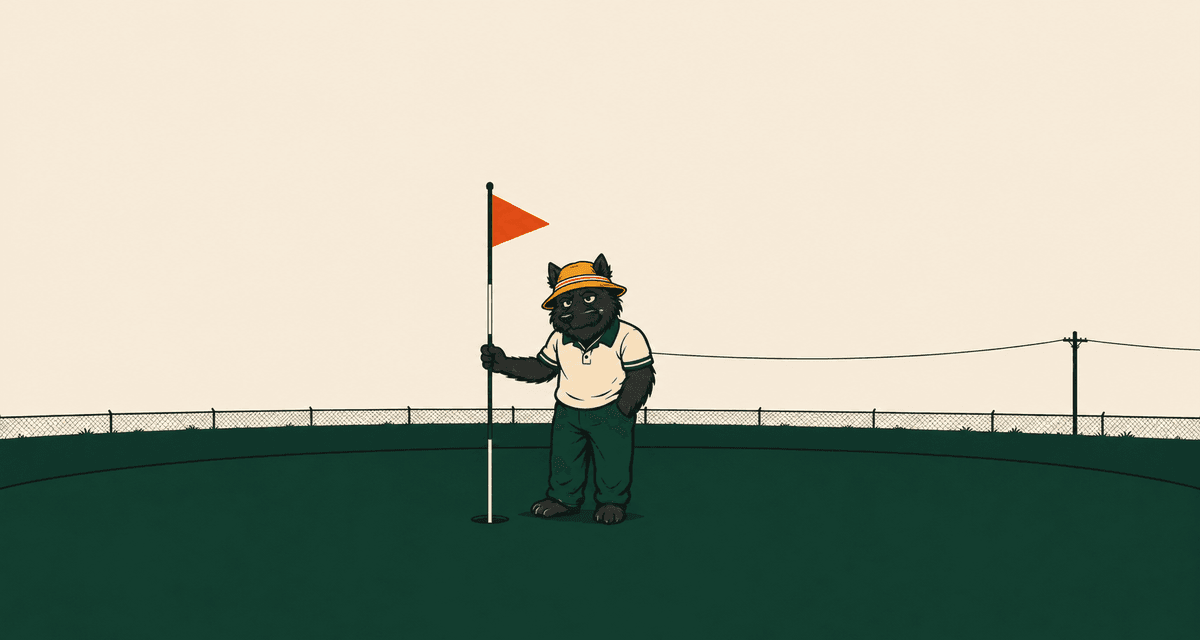 Baffy alone on a muni green, hand on the flagstick, chain link and a power line behind