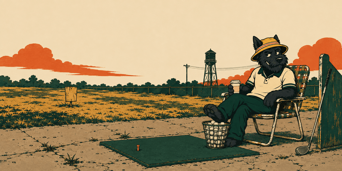 Baffy in a lawn chair at a muni range, coffee in hand, a full bucket at his feet
