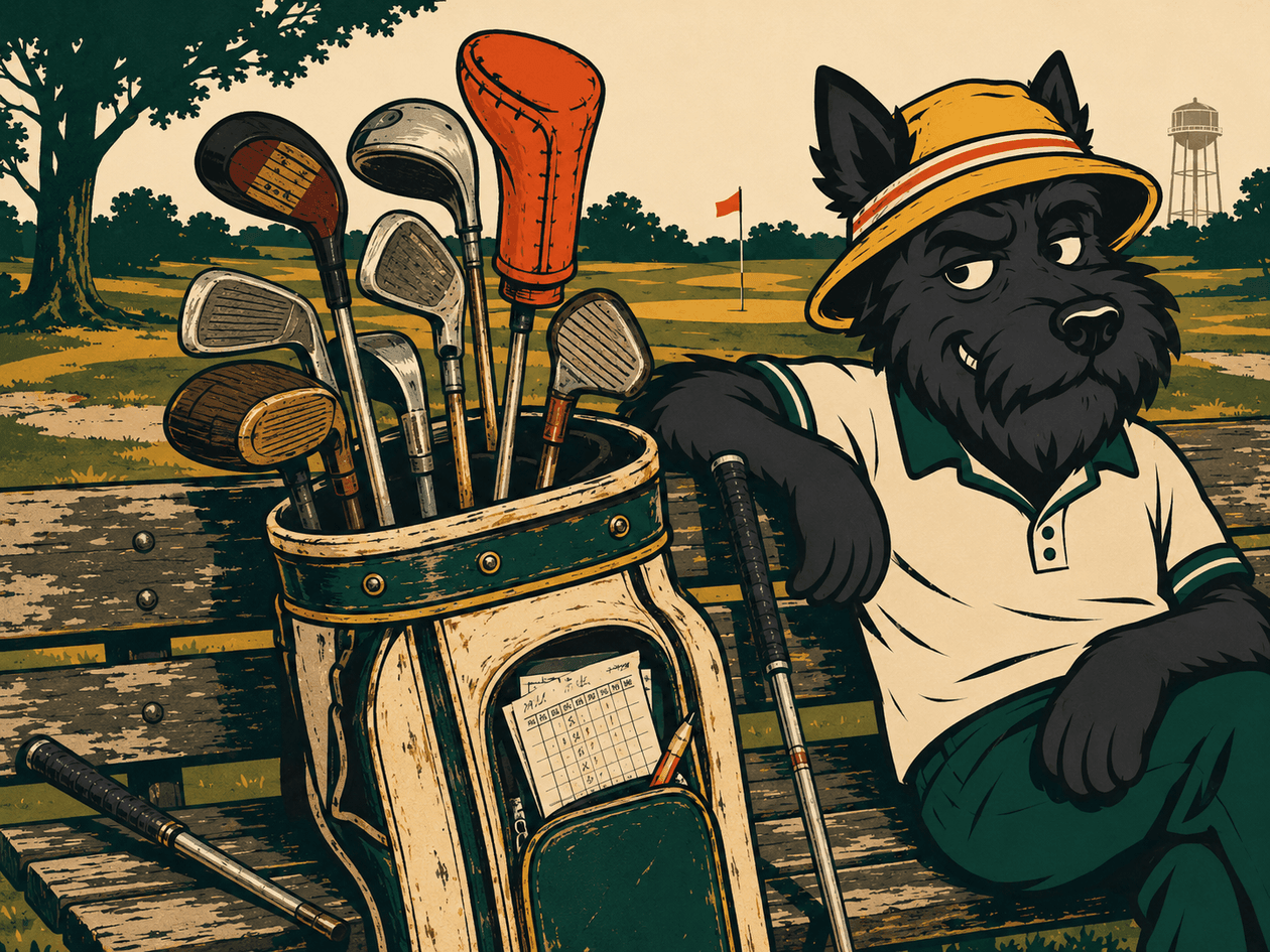 A bag of clubs nobody chose together, propped on a bench