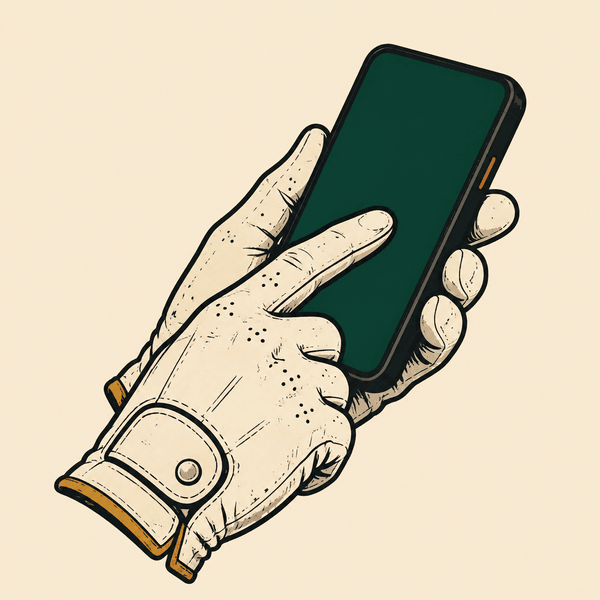 A worn golf glove tapping a phone, cropped at the wrist