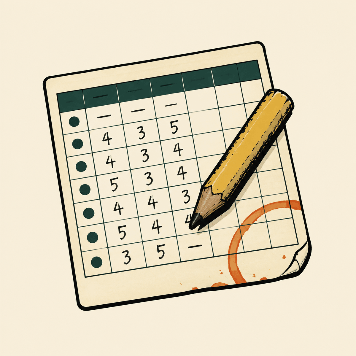 A paper scorecard mid-round, pencil resting on it, a coffee ring in the corner