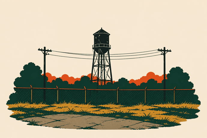 A municipal water tower behind chain link and a pair of power lines