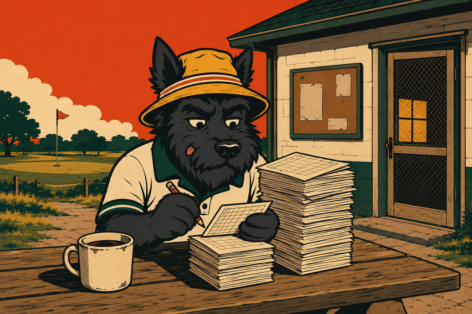 Baffy at the clubhouse table with a stack of scorecards and a cup of coffee