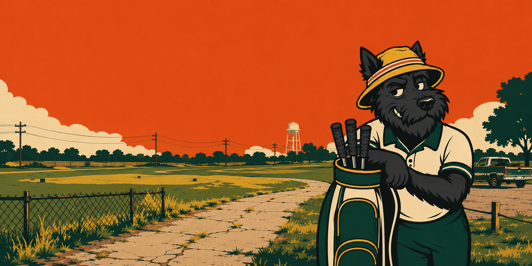 Baffy, a black Scottie in a bucket hat, leaning on his golf bag on a cracked cart path at sunset — chain link and a rusted pickup behind him