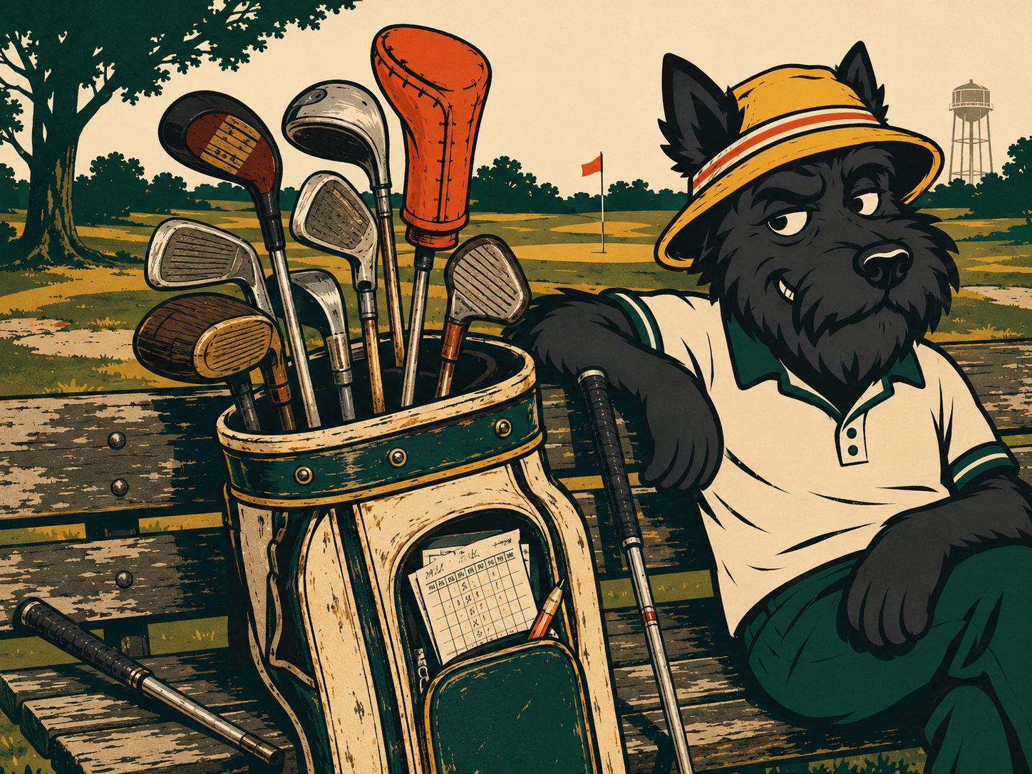 A bag of clubs nobody chose together, propped on a bench